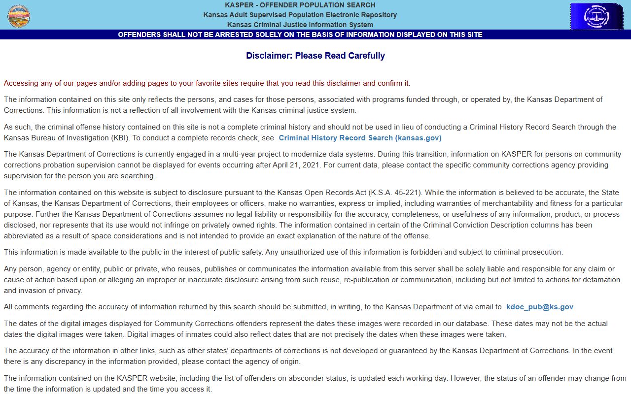 Kansas KASPER Stanton County inmate search fields